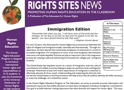 [ai] A newsletter titled "Rights Sites News" focused on human rights education, featuring an article on immigration. It contains information about the Advocates for Human Rights, their work with refugees, and educational resources.